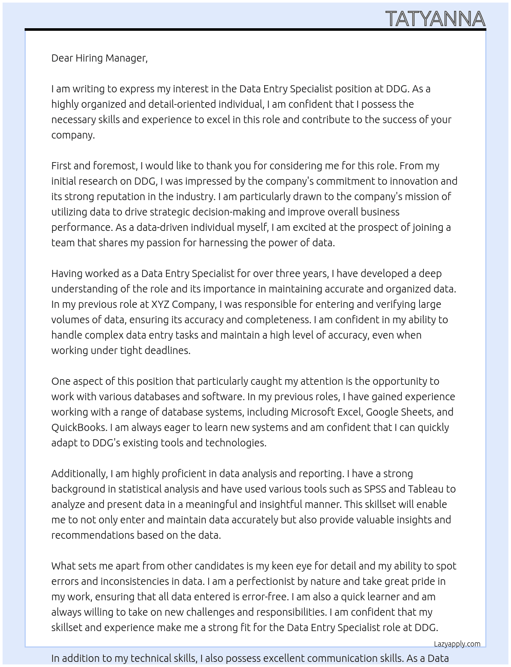 Data Entry Specialist At DDG Cover Letter