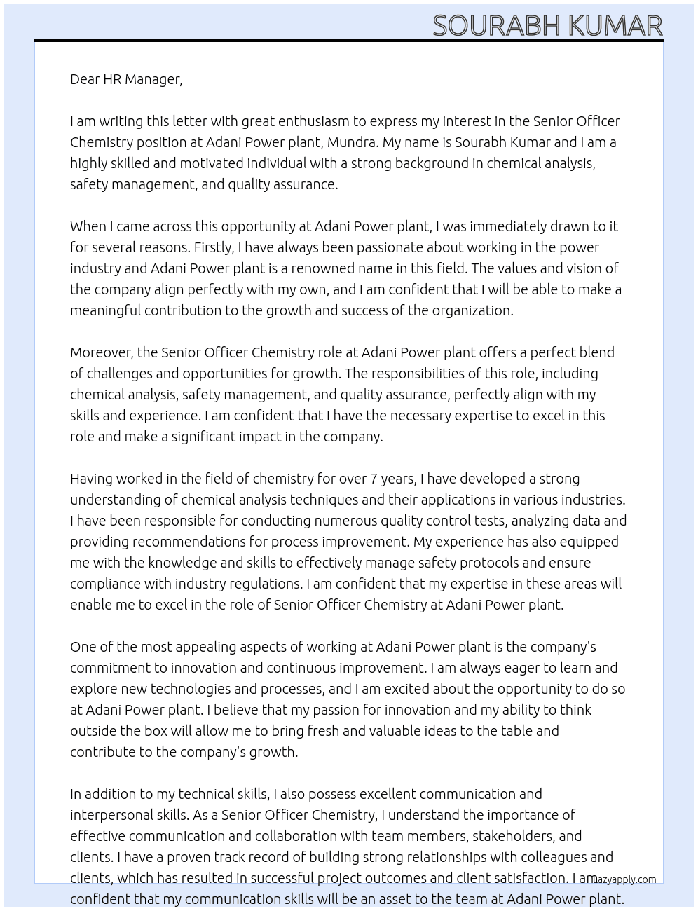 Senior officer Chemistry At Adani Power plant,Mundra Cover Letter