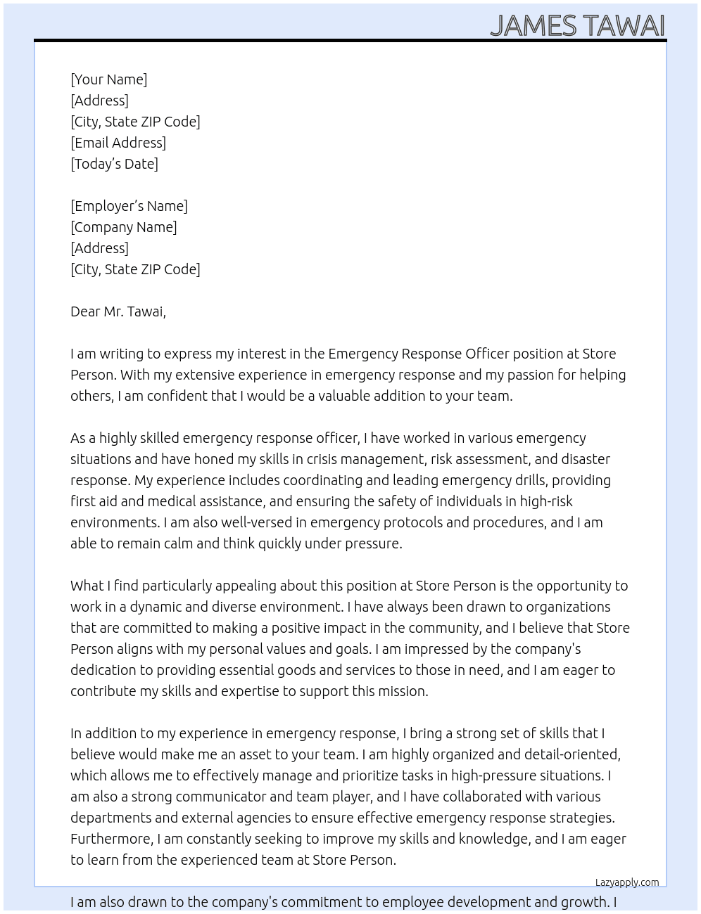 emergency response officer  At Store person Cover Letter