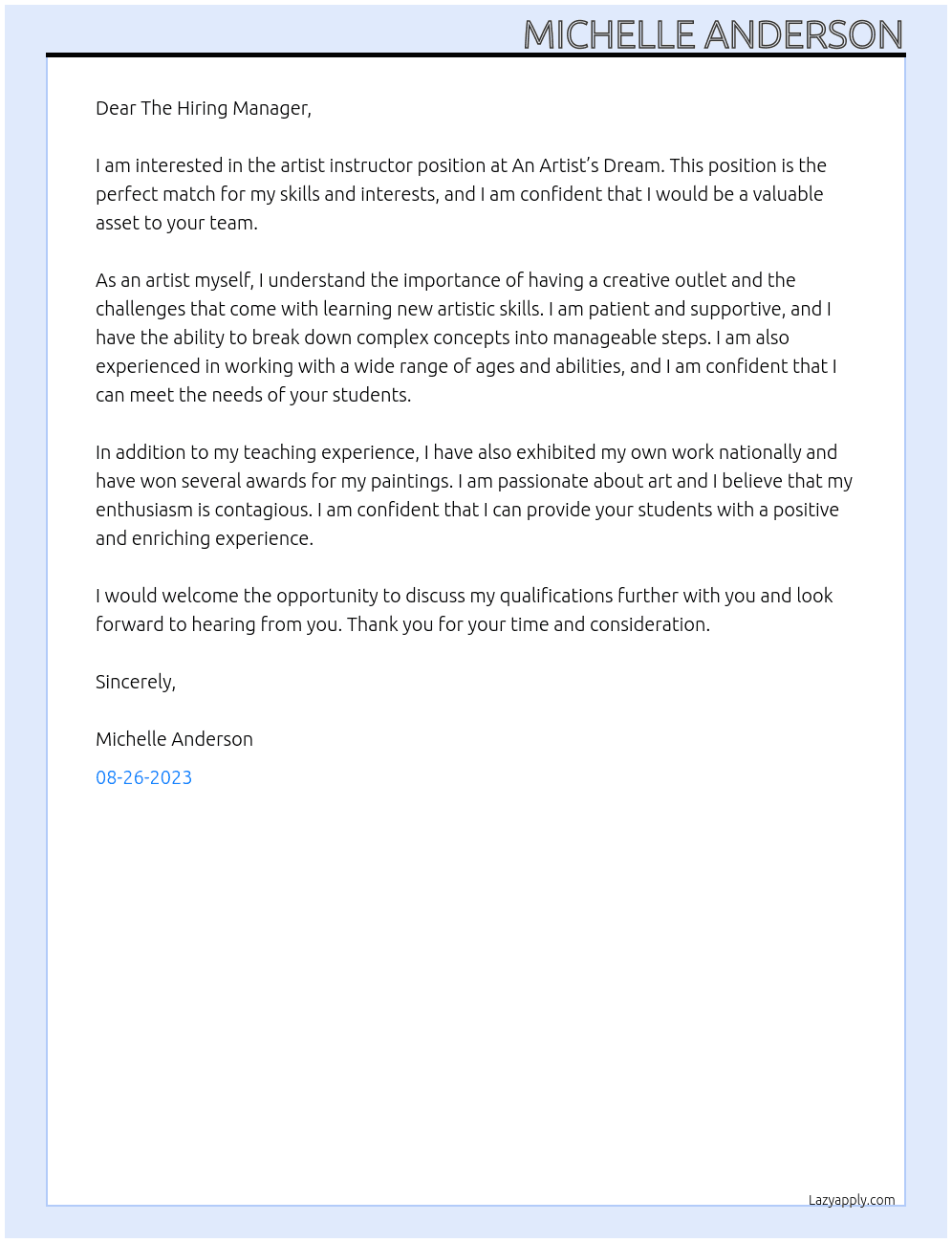 Artist instructor At An Artist’s Dream Cover Letter