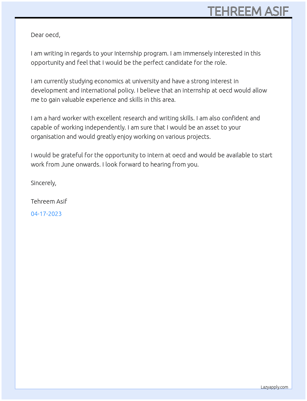 Internship program  At oecd  Cover Letter