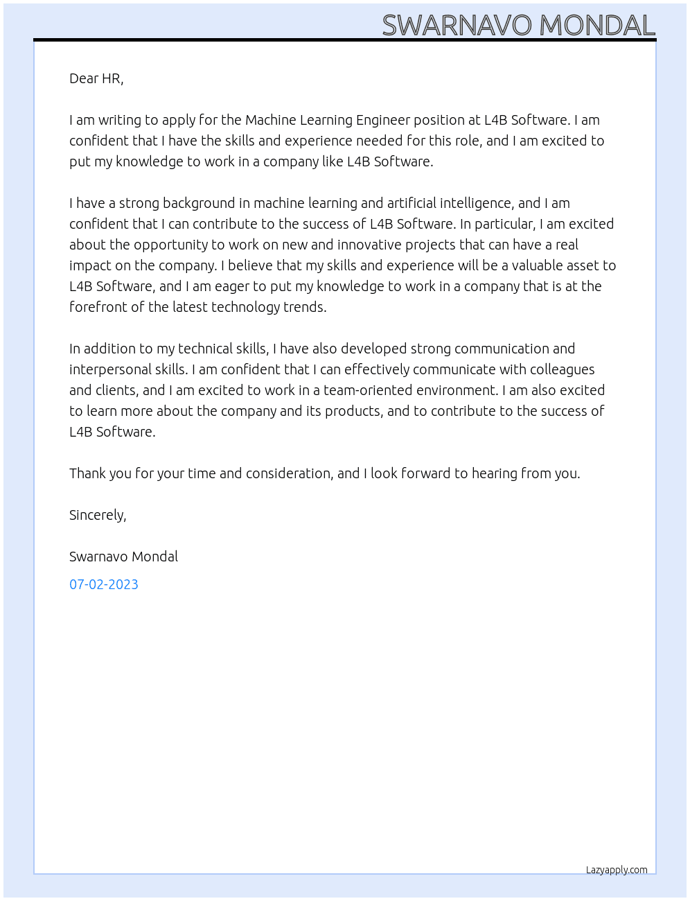 Machine Learning Engineer At L4B Software Cover Letter
