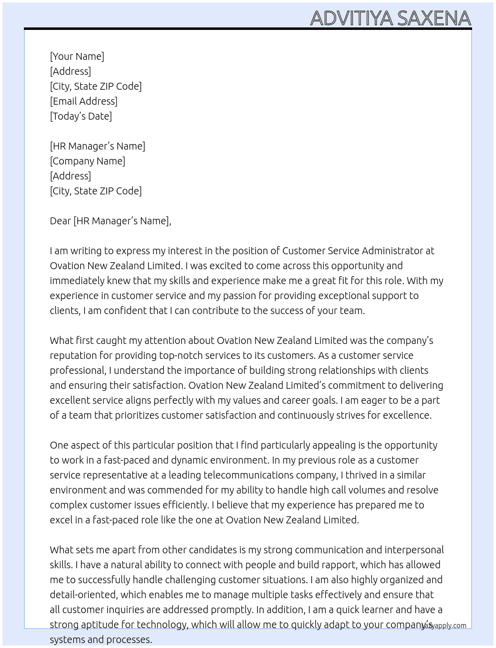Customer Service Administrator At Ovation New Zealand Limited Cover Letter