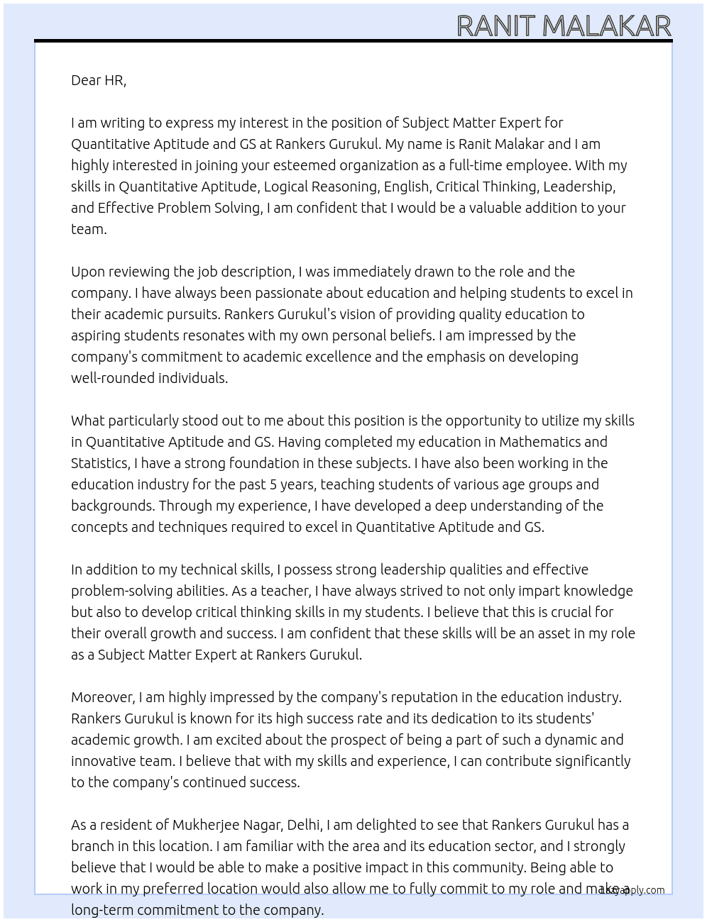 Subject Matter Expert for Quantitative Aptitude and GS At Rankers Gurukul Cover Letter
