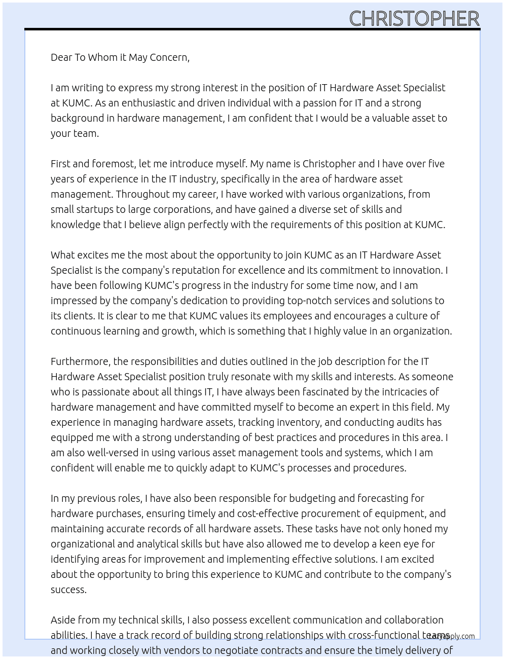 IT Hardware Asset Specialist At KUMC Cover Letter
