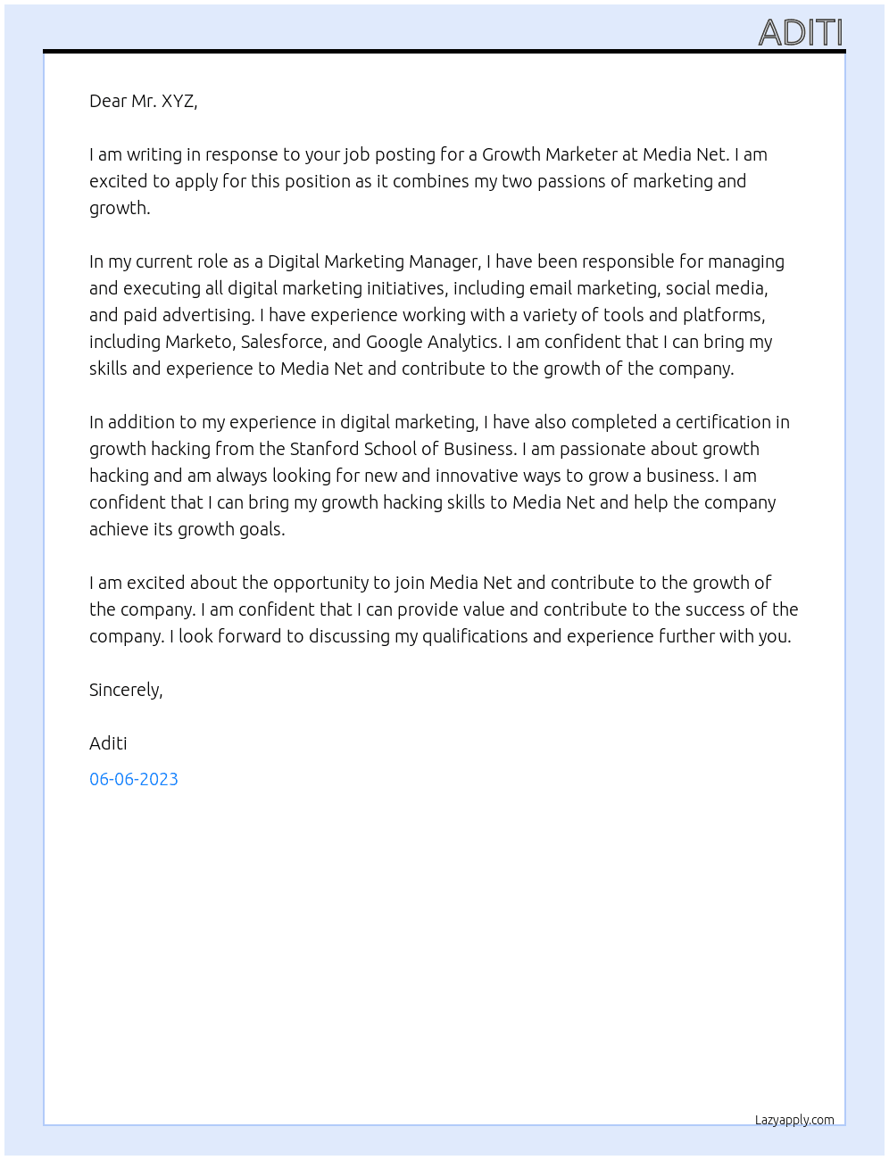 Growth Marketer At Media Net Cover Letter