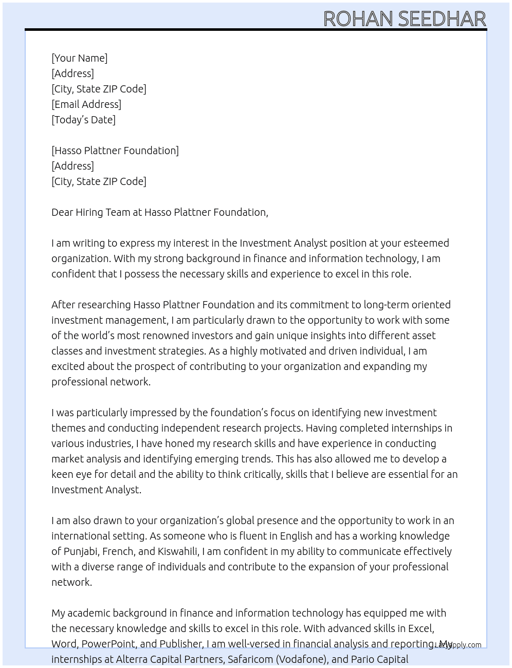 Investment Analyst At Hasso Plattner Foundation Cover Letter