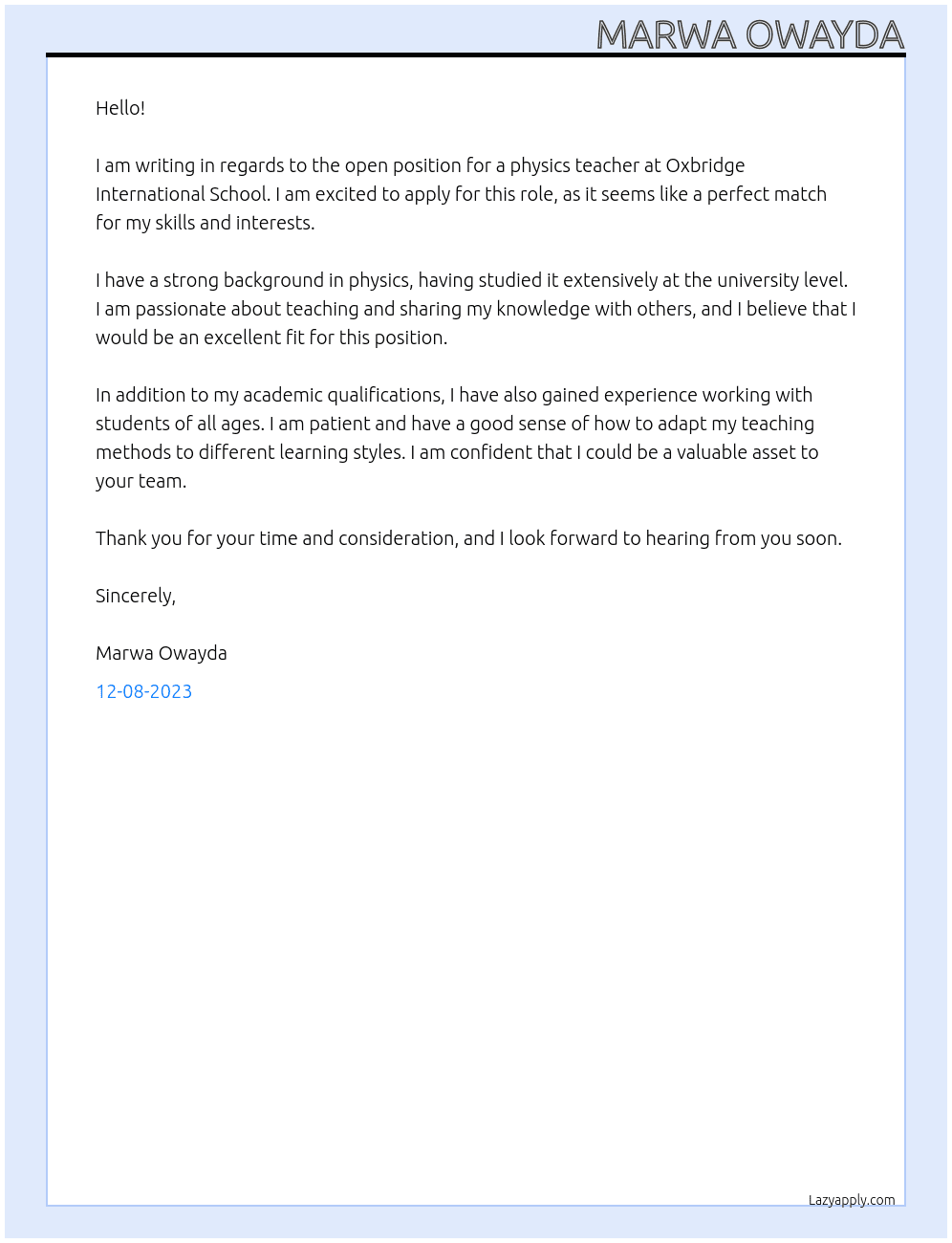 physics teacher At Oxbridge International School Cover Letter
