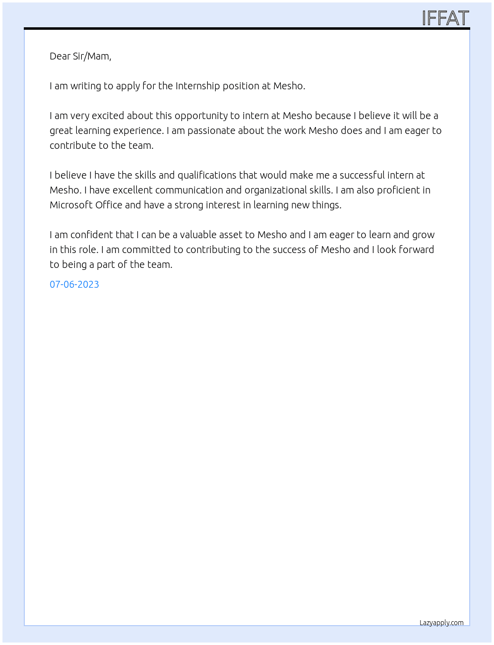 For Internship  At Mesho  Cover Letter