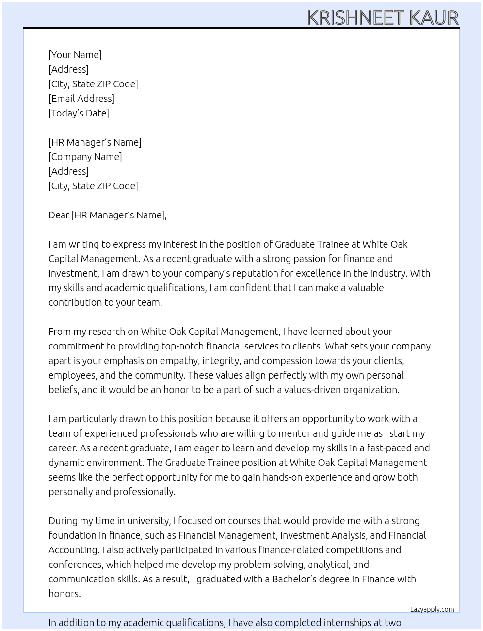 Graduate Trainee At White Oak Capital Management  Cover Letter
