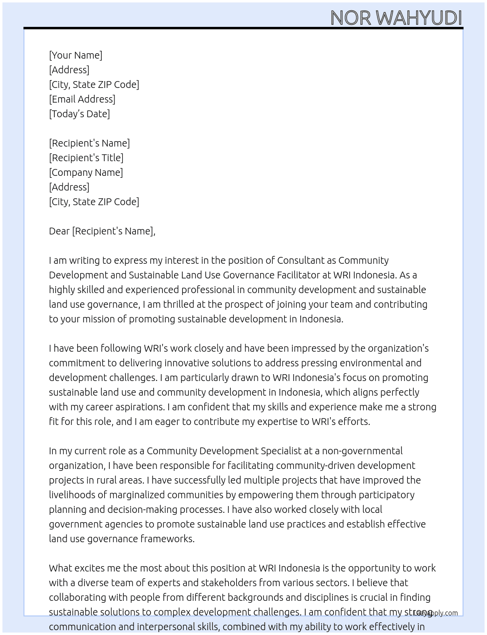 CONSULTANT AS COMMUNITY DEVELOPMENT AND SUSTAINABLE LAND USE GOVERNANCE FACILITATOR  At WRI Cover Letter