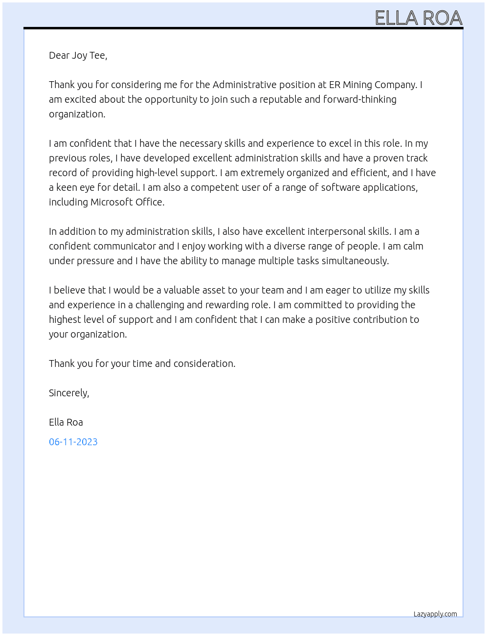 Administrative At ER Mining Company Cover Letter
