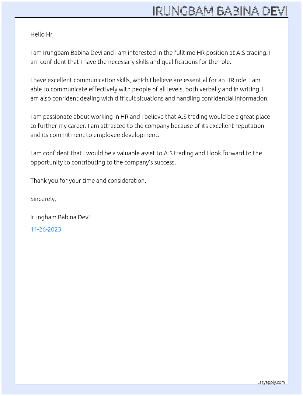HR At A.S trading  Cover Letter