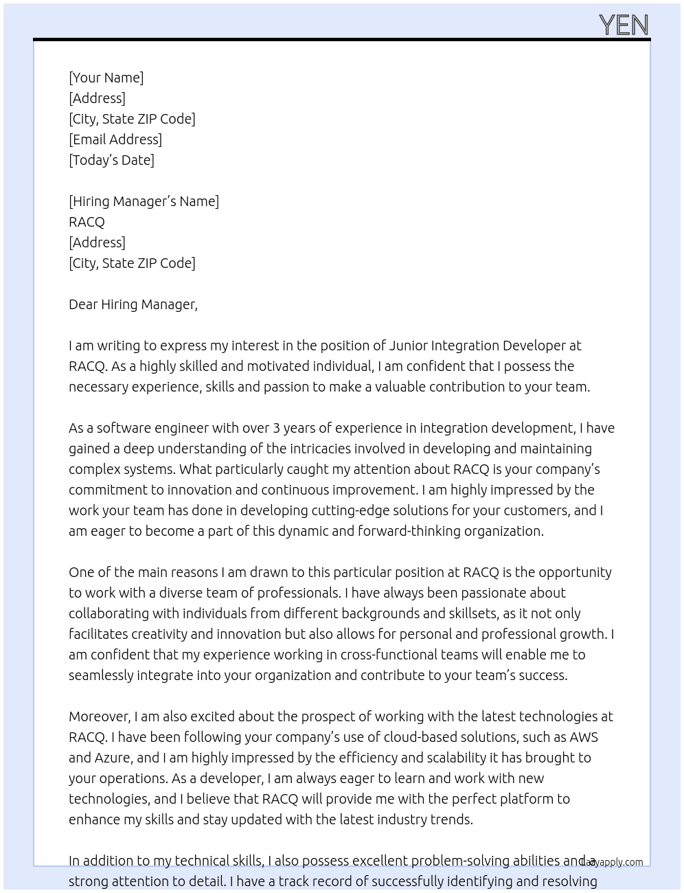 Junior Integration Developer At RACQ Cover Letter