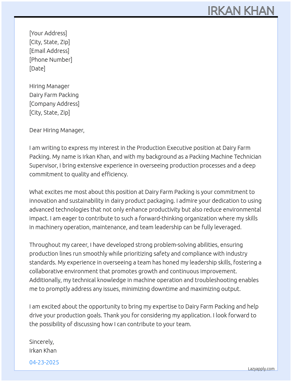 Production executive  At Dairy farm packing  Cover Letter