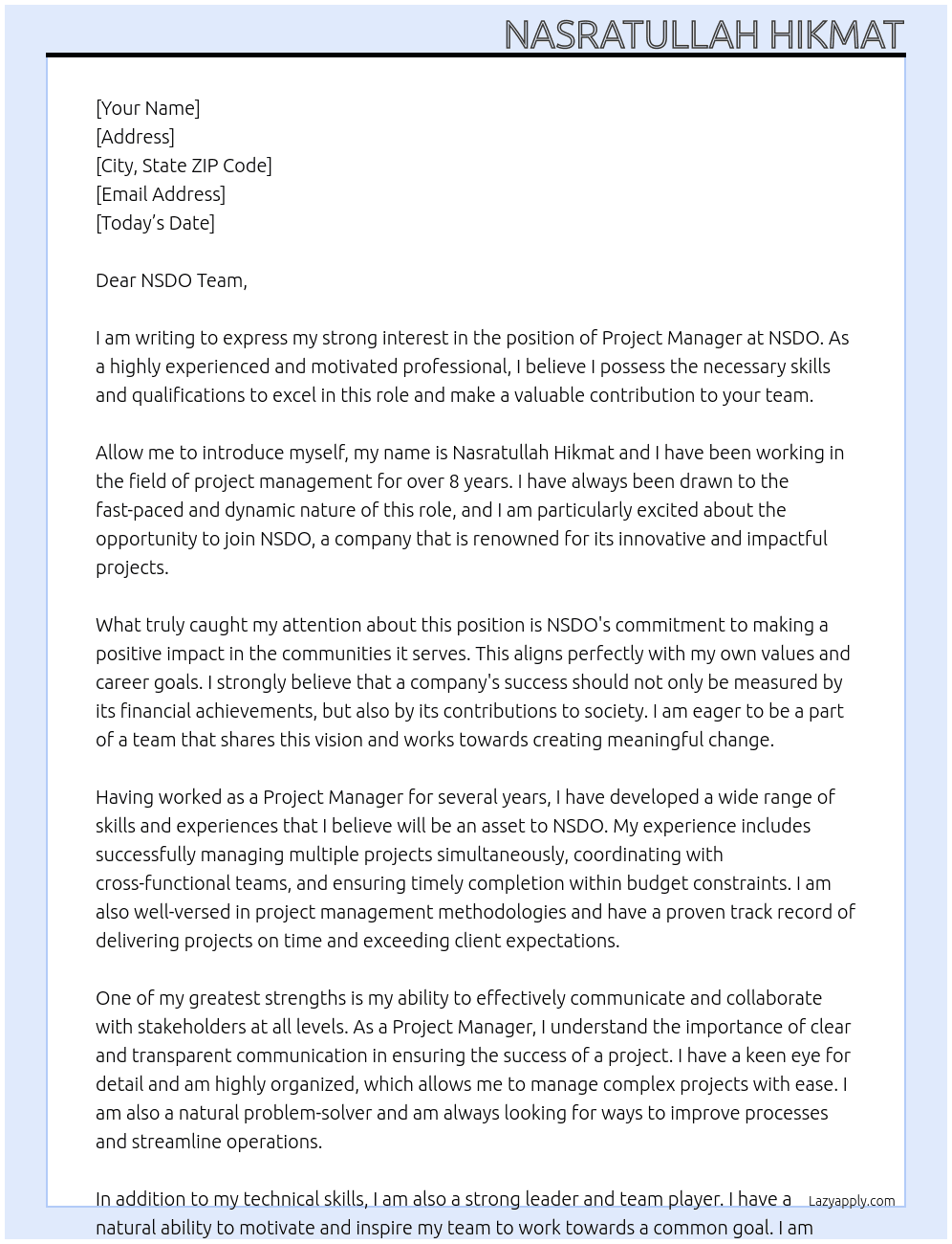 Project Manager  At NSDO Cover Letter