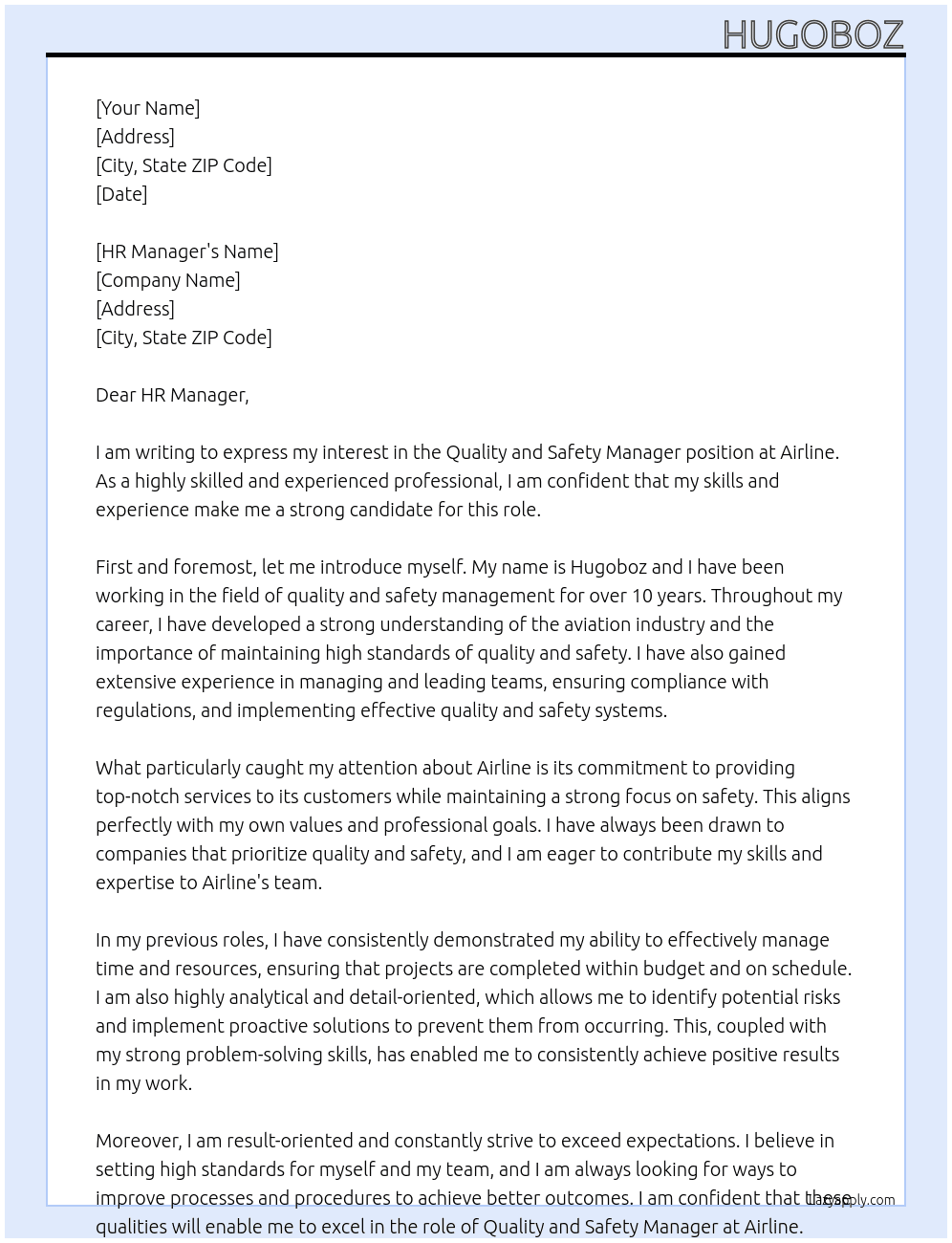 Quality and Safety Manager At Airline Cover Letter