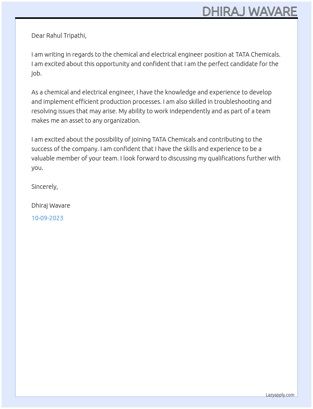 Chemical and Electrical Engineer At TATA Chemicals Cover Letter