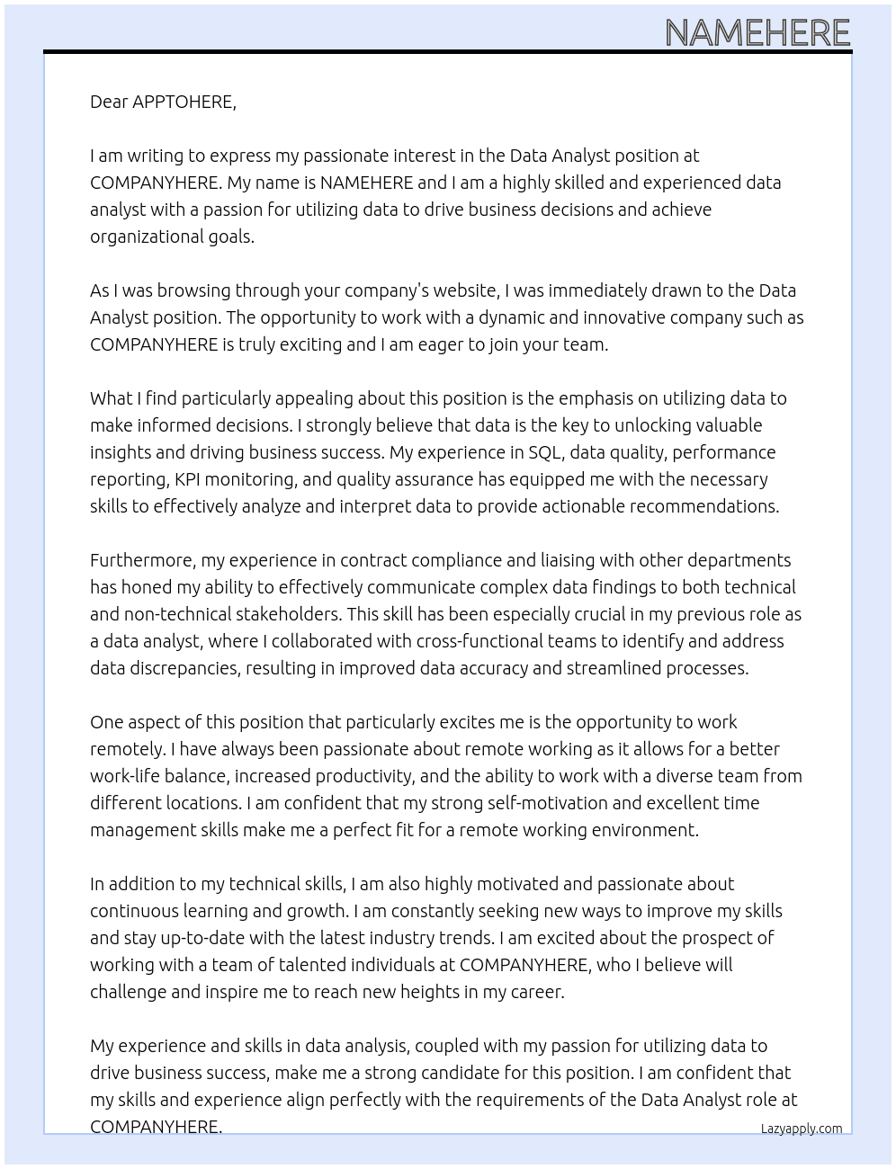Data Analyst At COMPANYHERE Cover Letter
