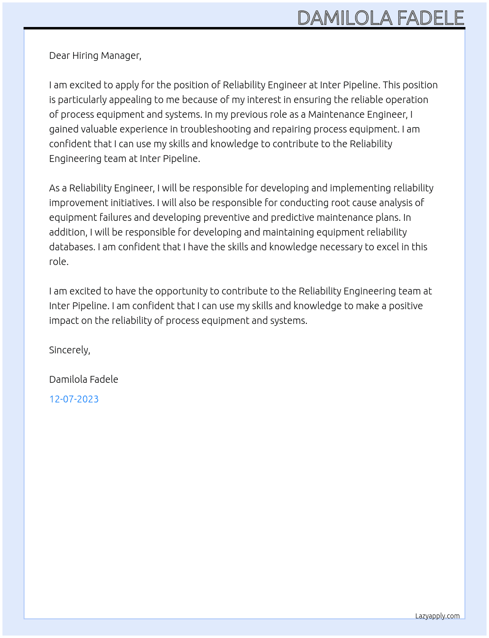 Reliability Engineer At Inter Pipeline Cover Letter