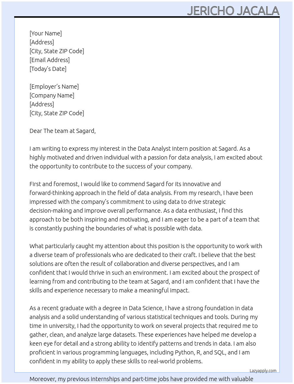 Data Analyst Intern At Sagard Cover Letter