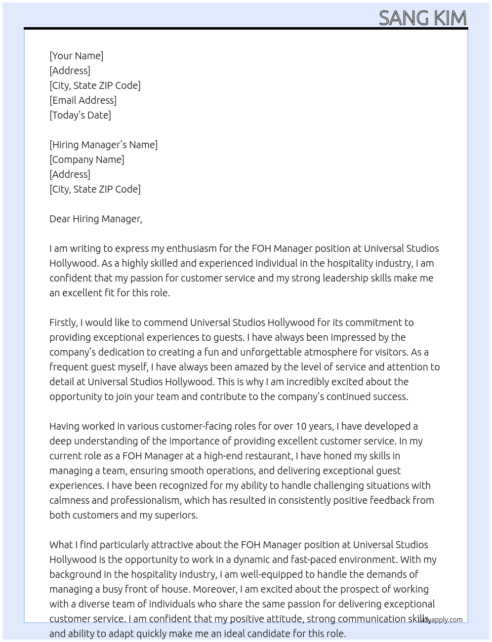 FOH Manager At Universal Studios Hollywood Cover Letter