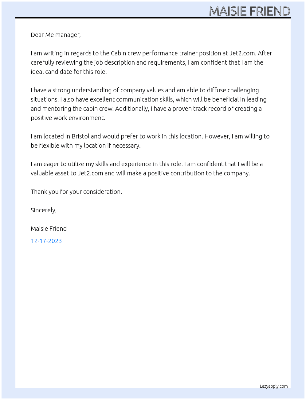 Cabin crew performance trainer  At Jet2.com Cover Letter