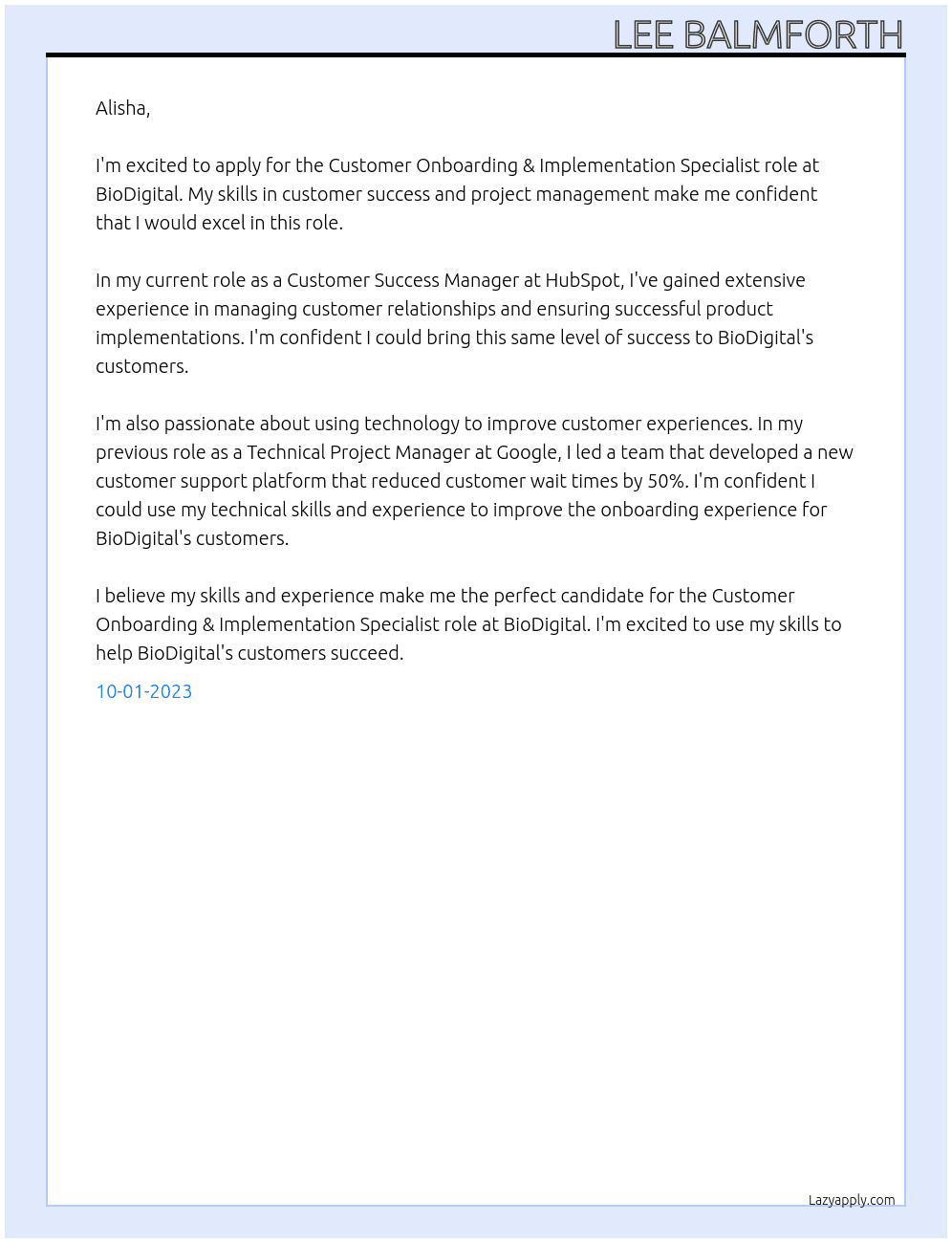 Customer Onboarding & Implementation Specialist At BioDigital Cover Letter