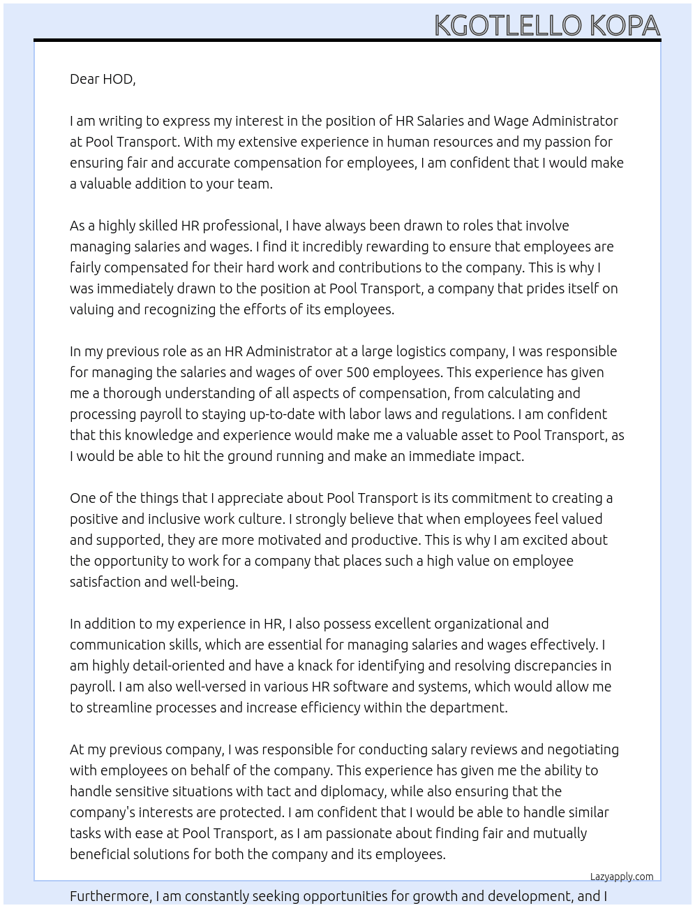 Hr salaries and wage adminstrator At Pool Transport Cover Letter