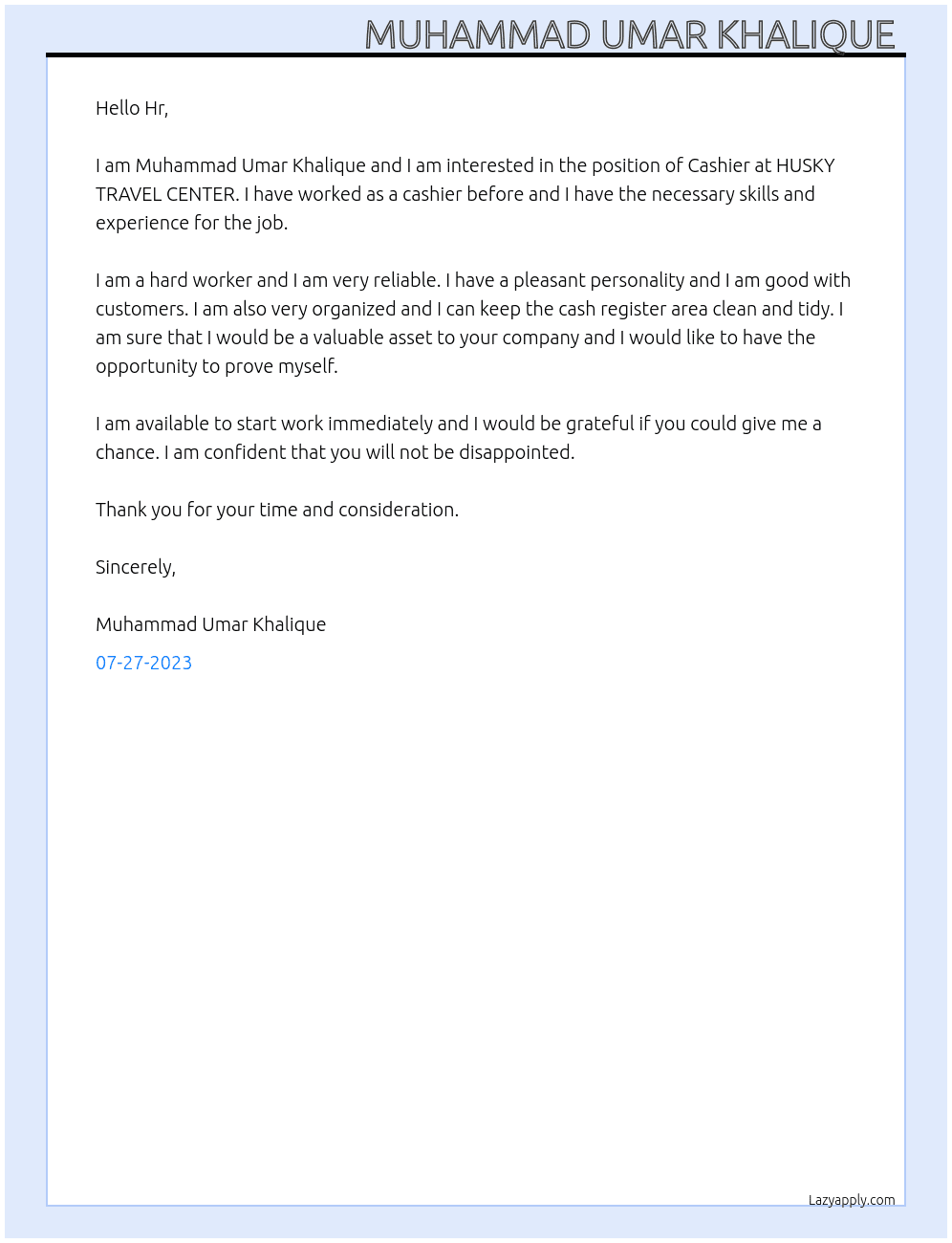 Cashier  At HUSKY TRAVEL CENTER  Cover Letter