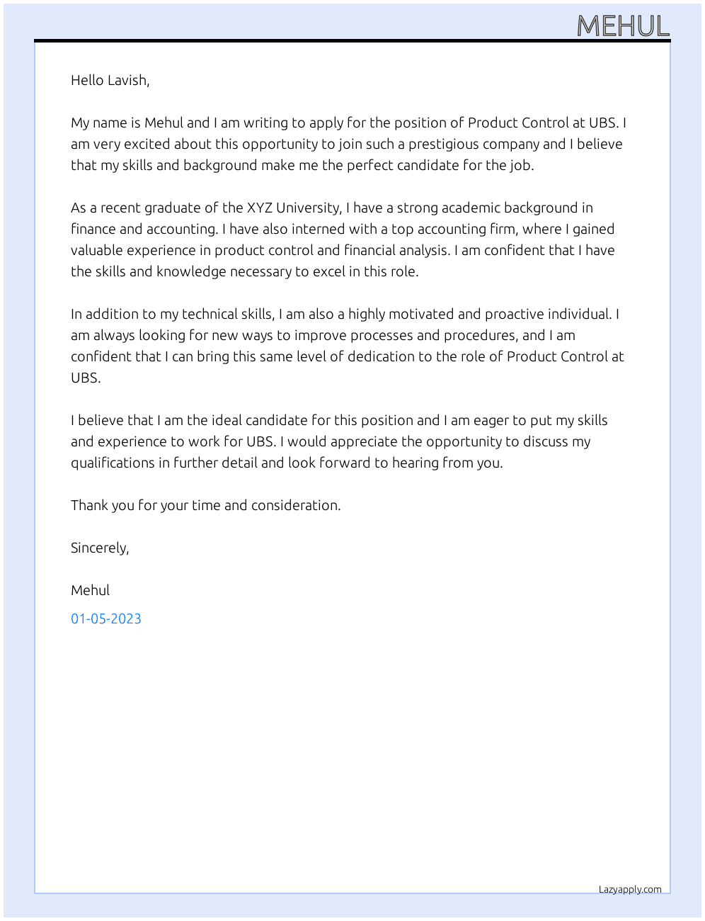 Cover letter for product control - LazyApply