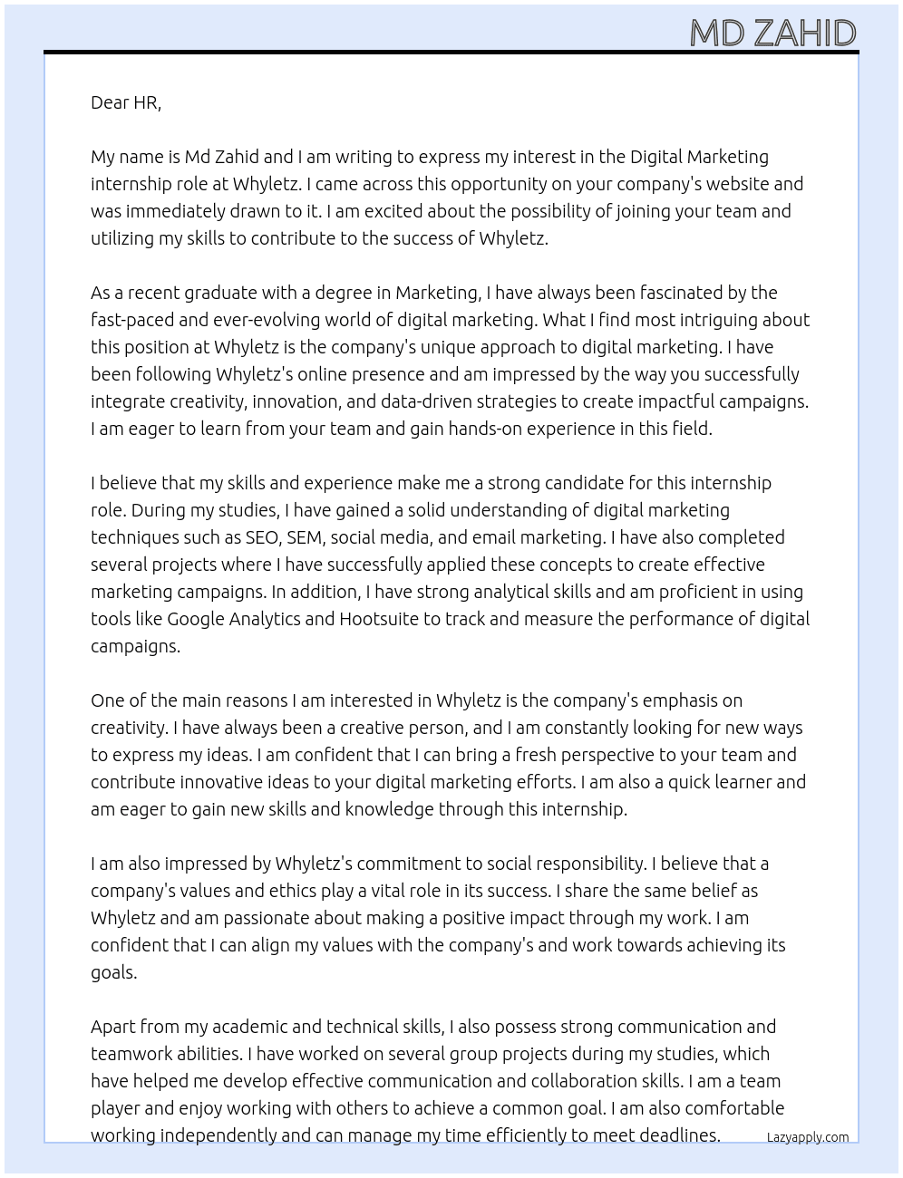 Digital marketing  At Whyletz Cover Letter