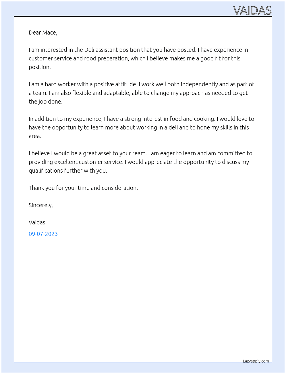 Deli assistant At Mace Cover Letter