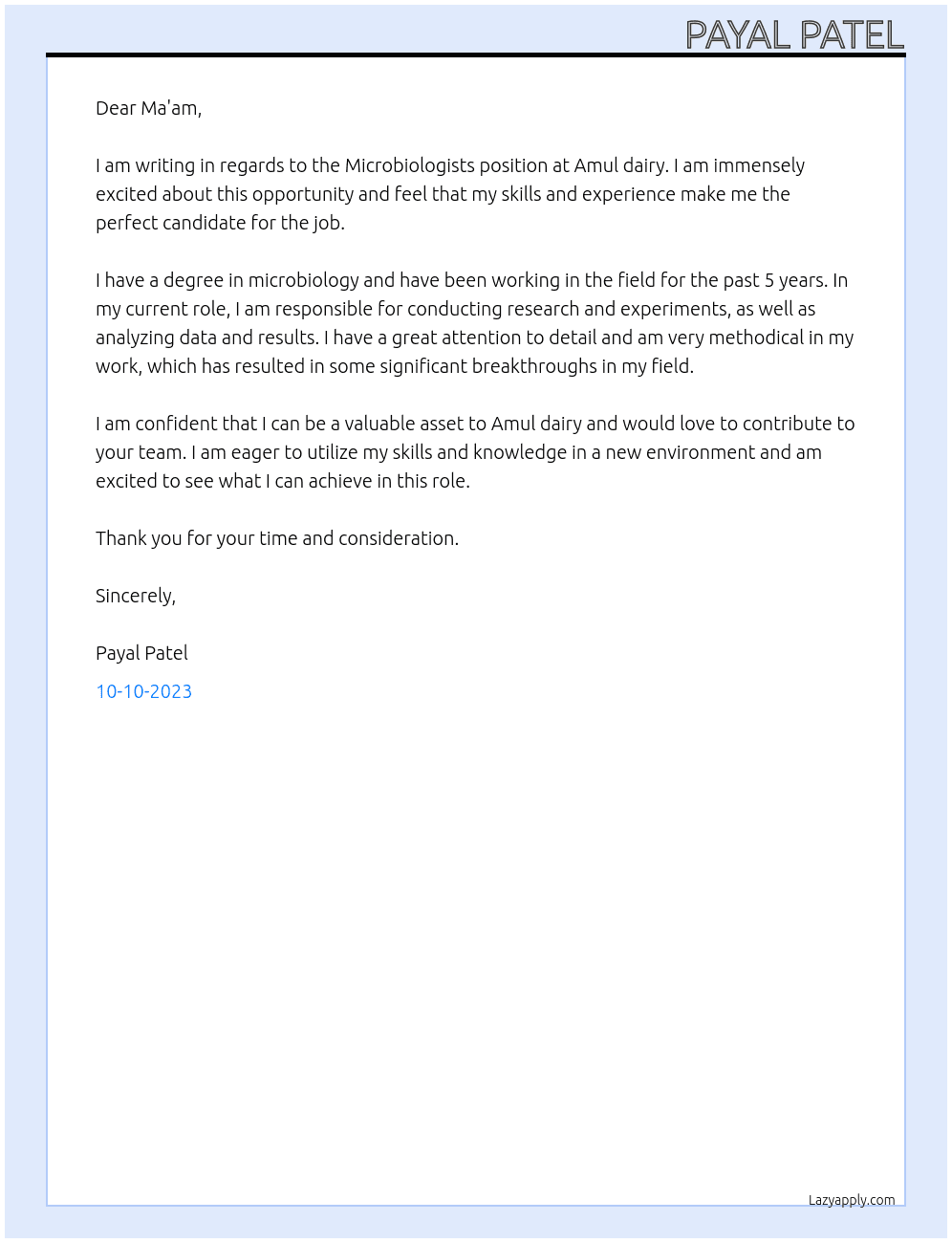 Microbiologists  At Amul dairy  Cover Letter