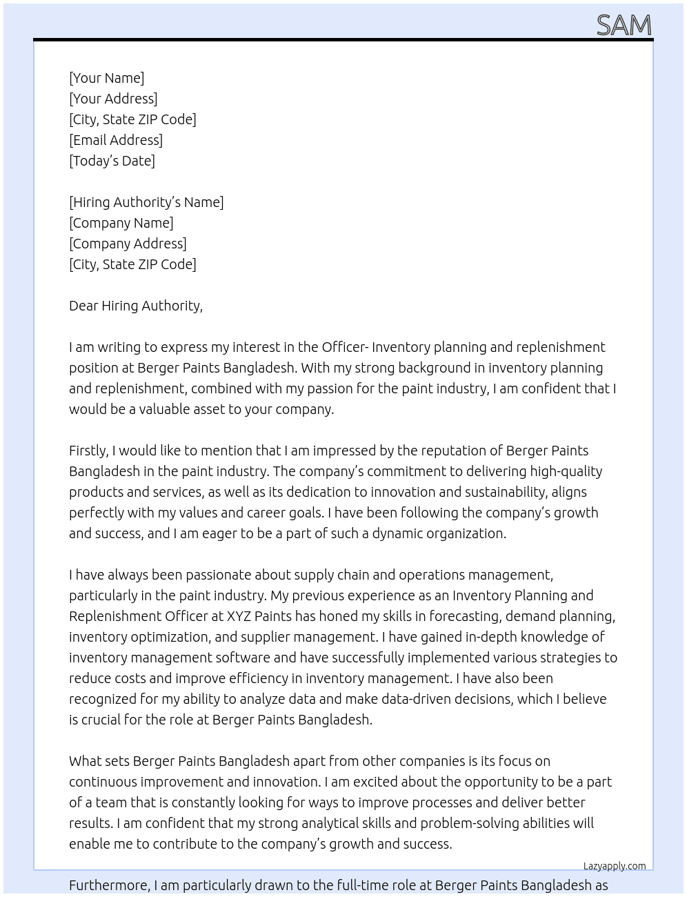 Officer- Inventory planning and replenishment At Berger Paints Bangladesh Cover Letter