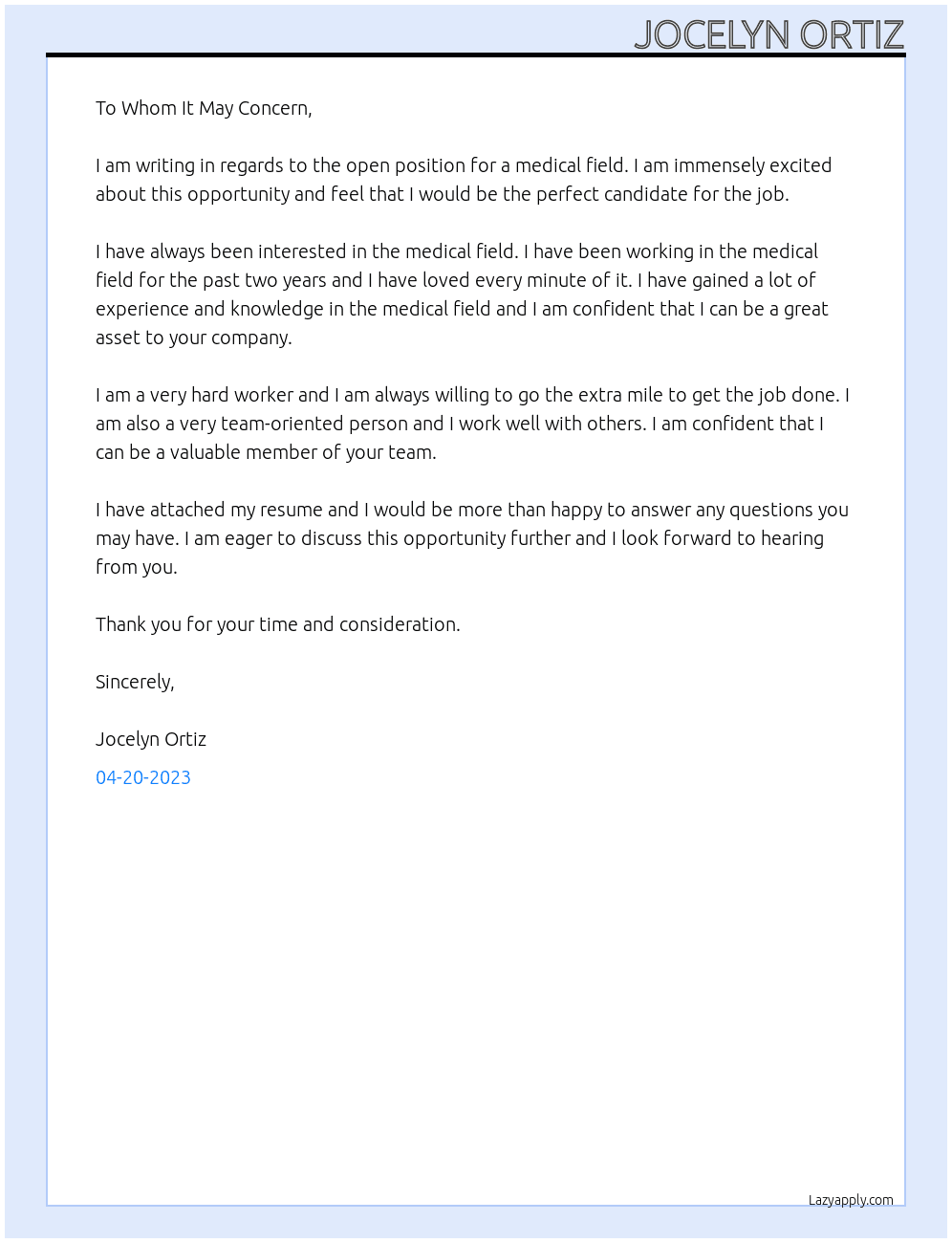 Medical field At Medical fields  Cover Letter