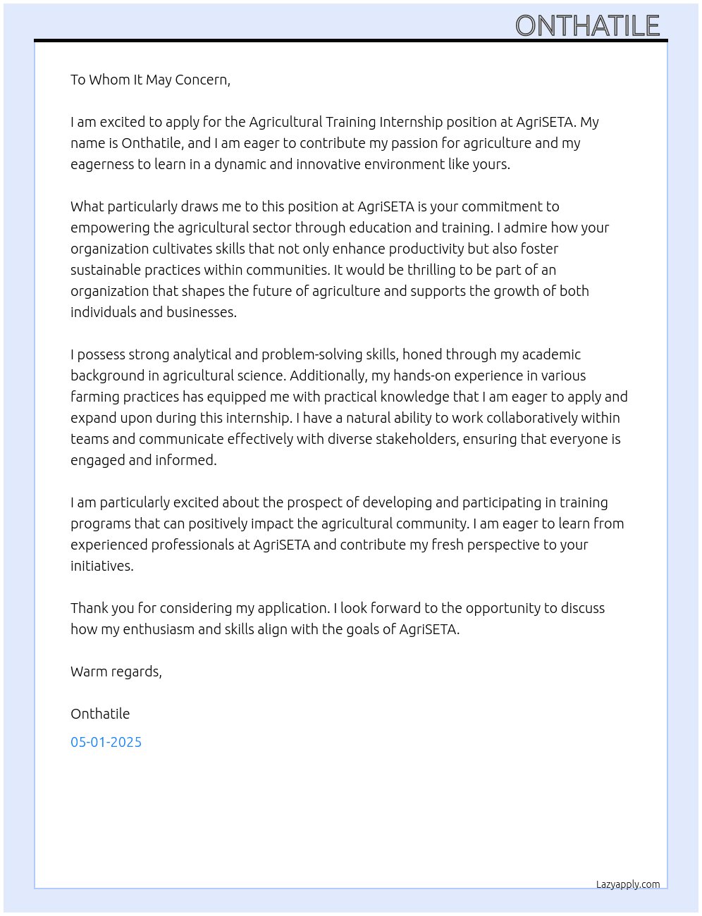 Agricultural training  At AgriSETA Cover Letter
