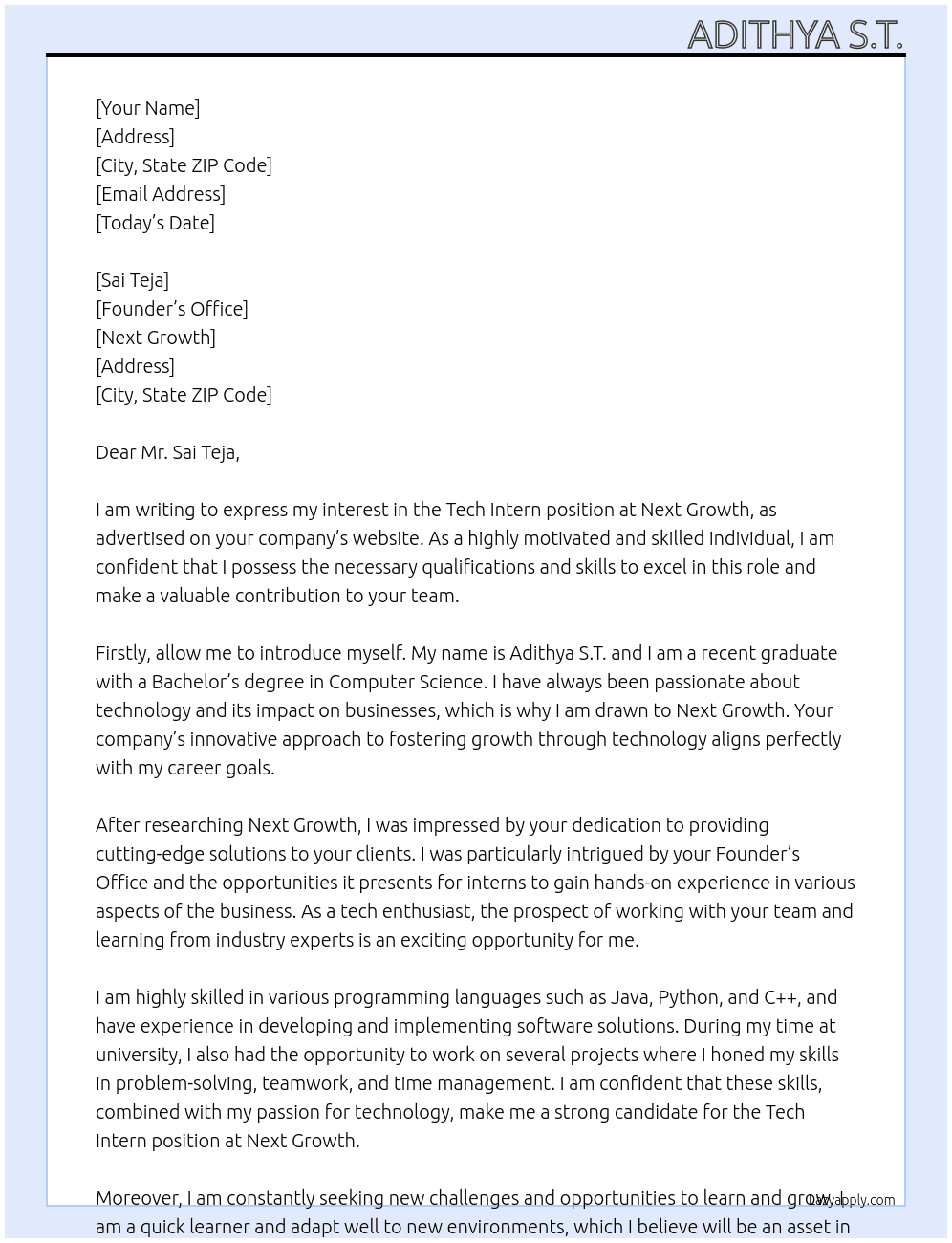 Founders Office - Tech Intern At Next Growth Cover Letter