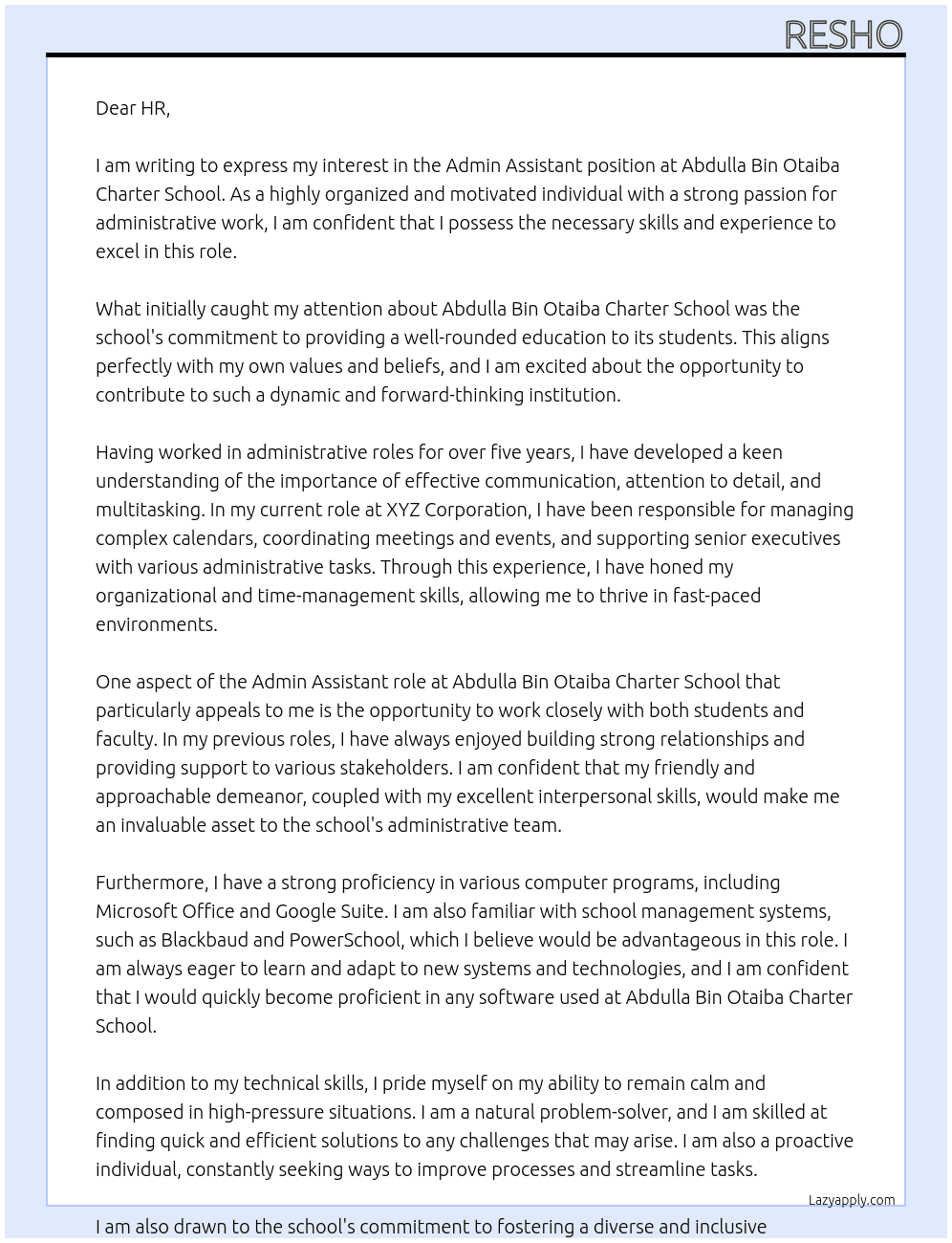 Admin Assistant At Abdulla Bin Otaiba Charter School Cover Letter