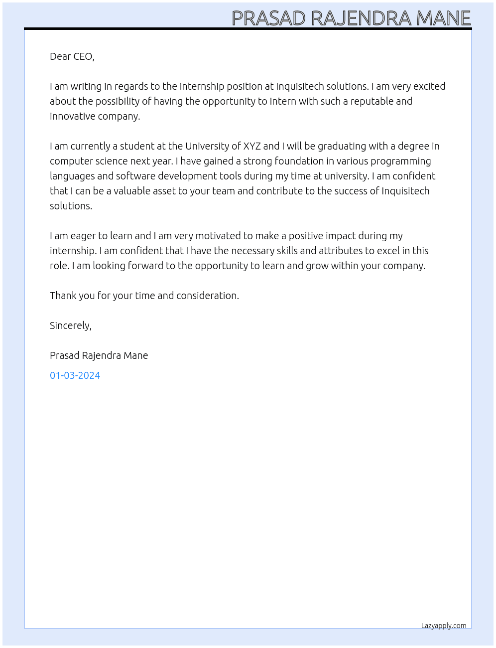 Internship At Inquisitech solutions Cover Letter