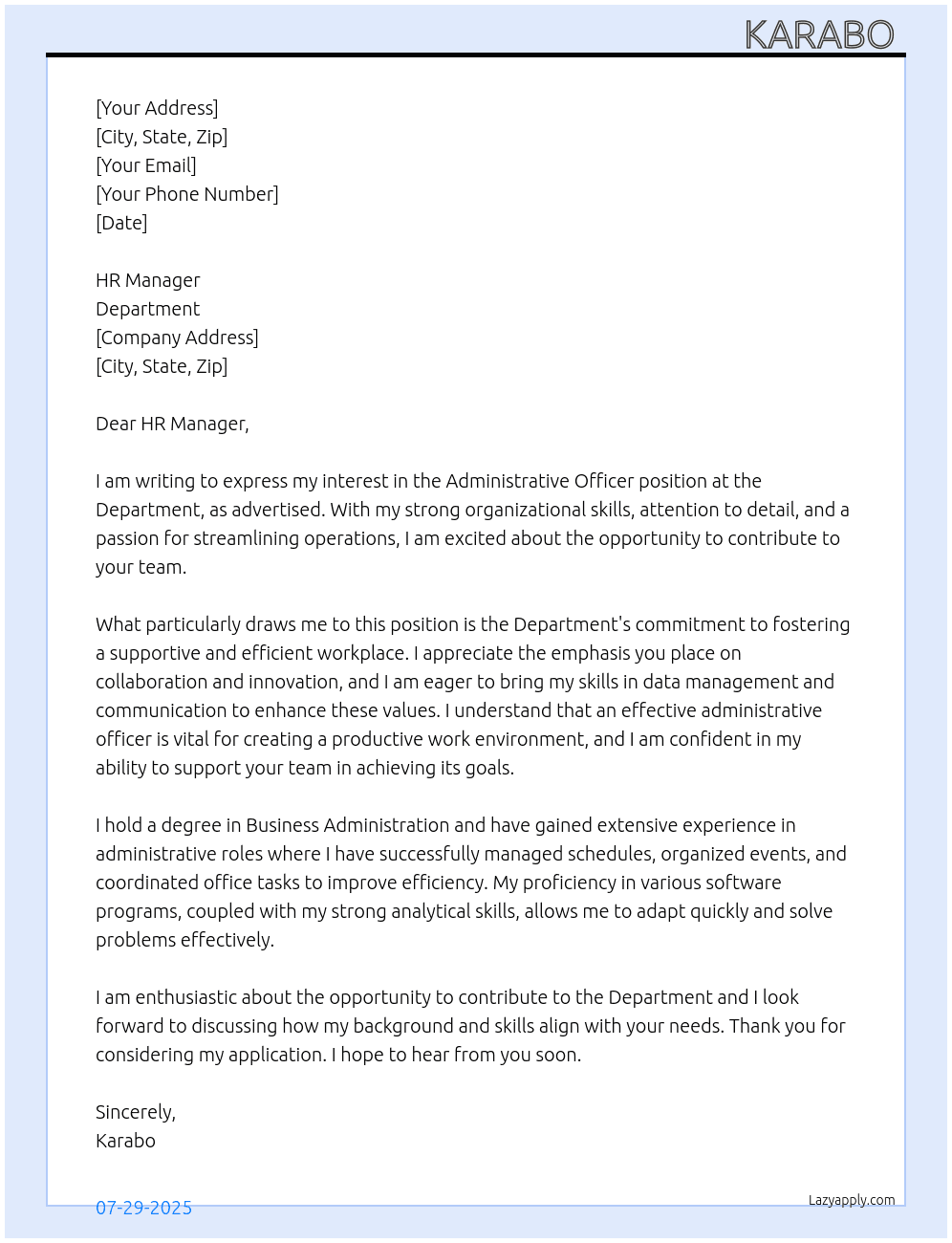 Administrative officer At Department  Cover Letter