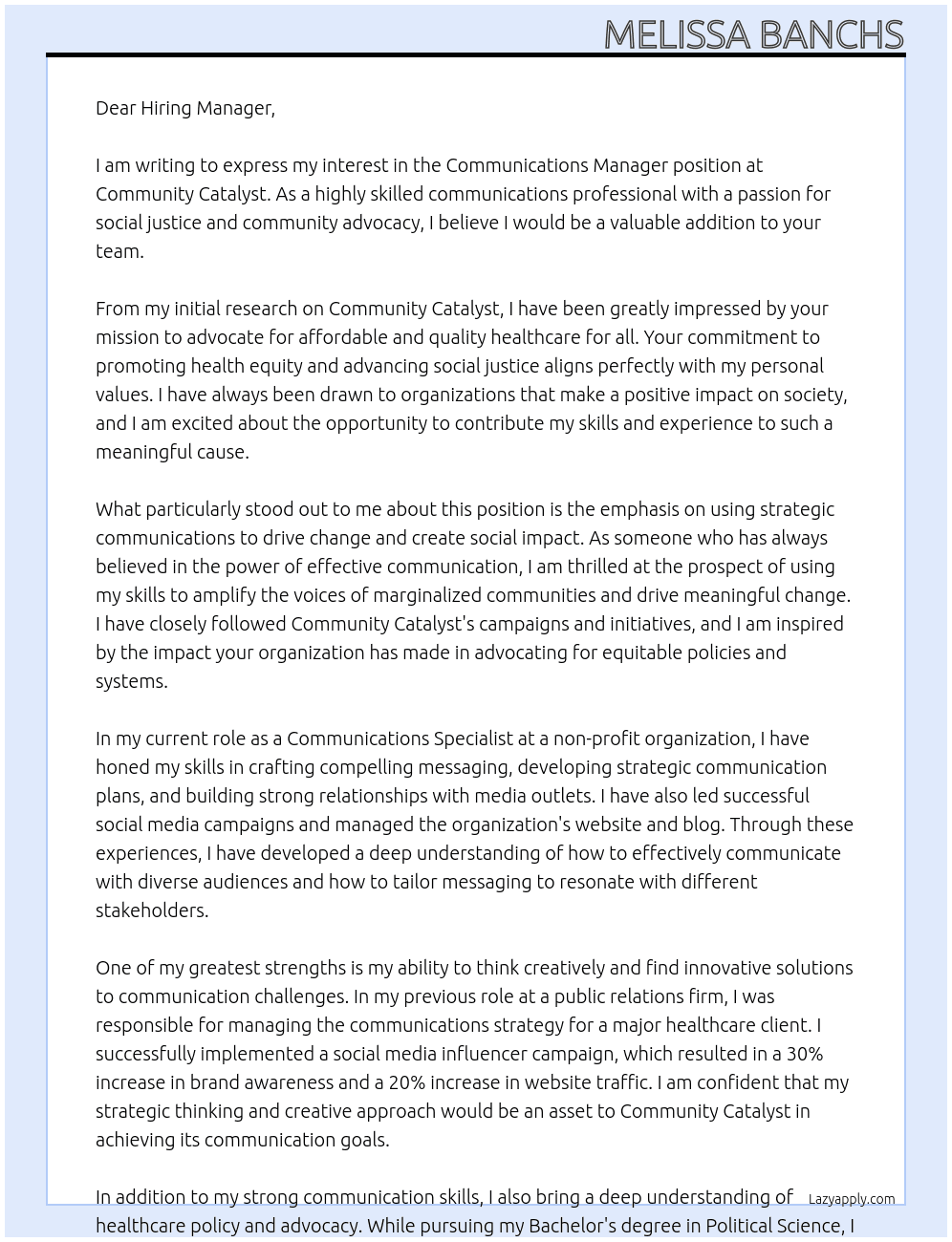 Communications Manager At Community Catalyst Cover Letter
