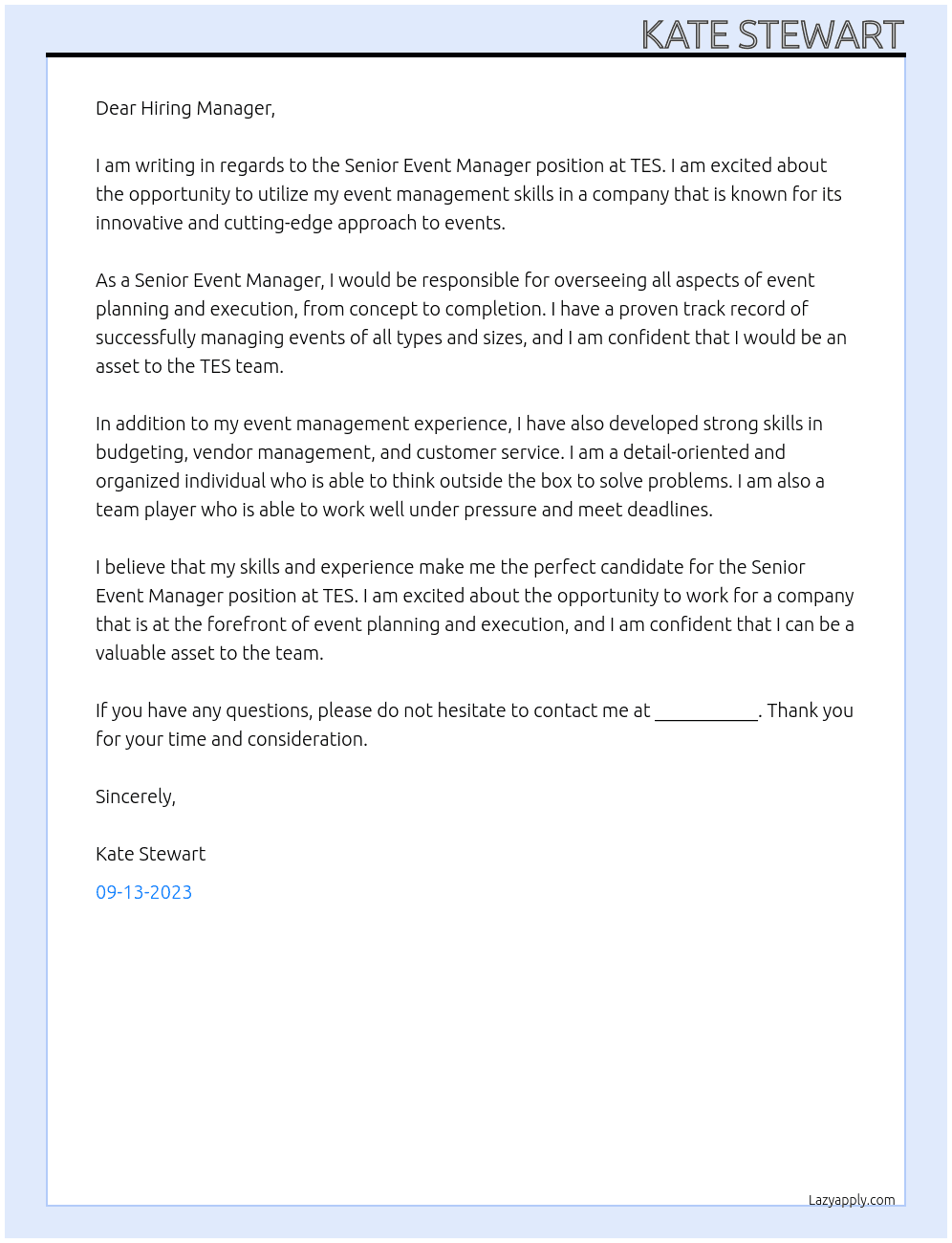 Senior Event Manager At TES Cover Letter