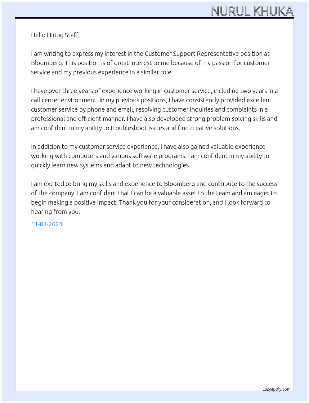 Customer Support Representative At Bloomberg Cover Letter