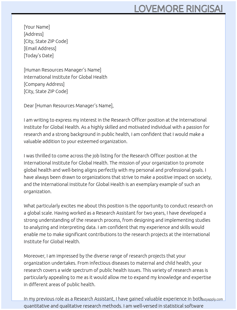 Research Officer At International Institute for Global Health Cover Letter