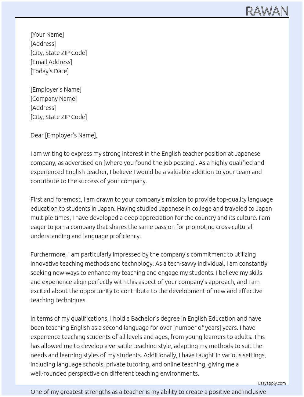 English teacher At Japanese company Cover Letter