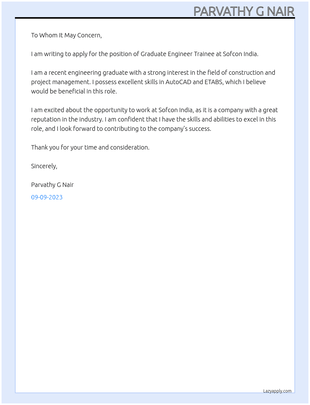 Graduate engineer trainee At Sofcon India Cover Letter
