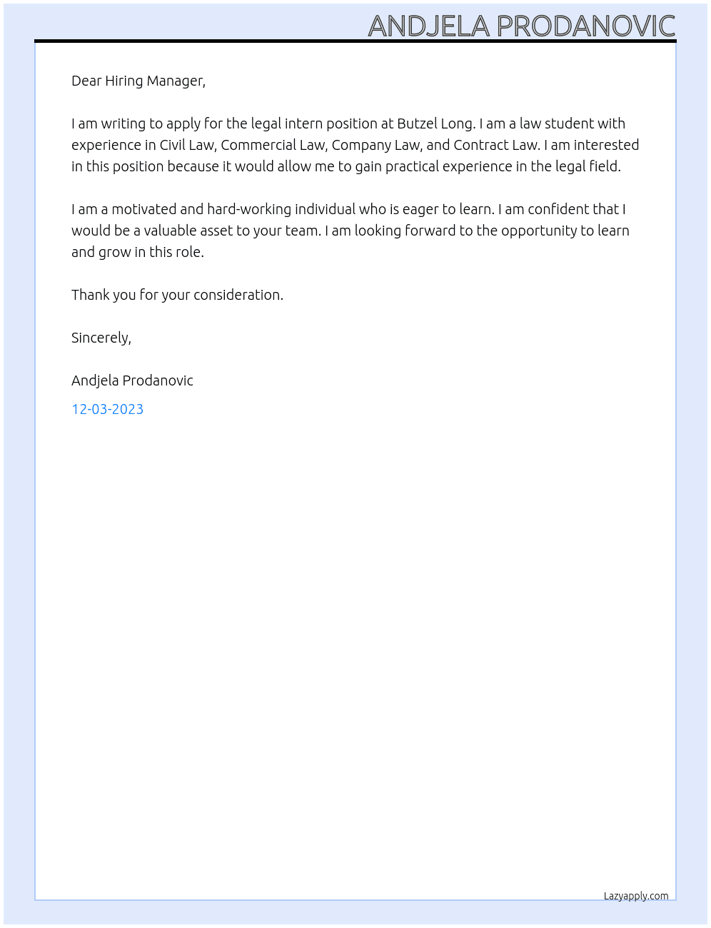 Legal intern At Butzel Long Cover Letter