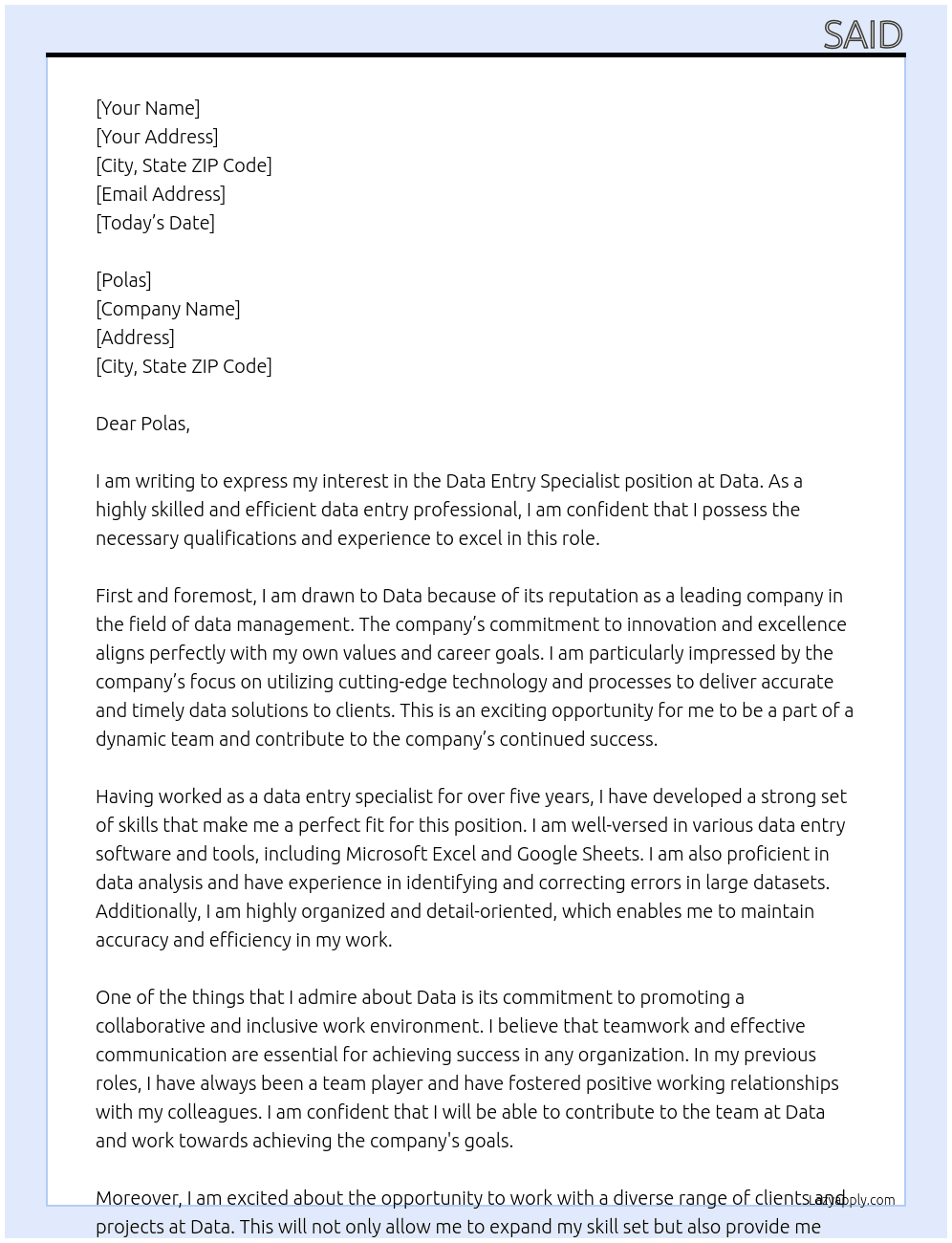 Data Entry Specialist At data Cover Letter
