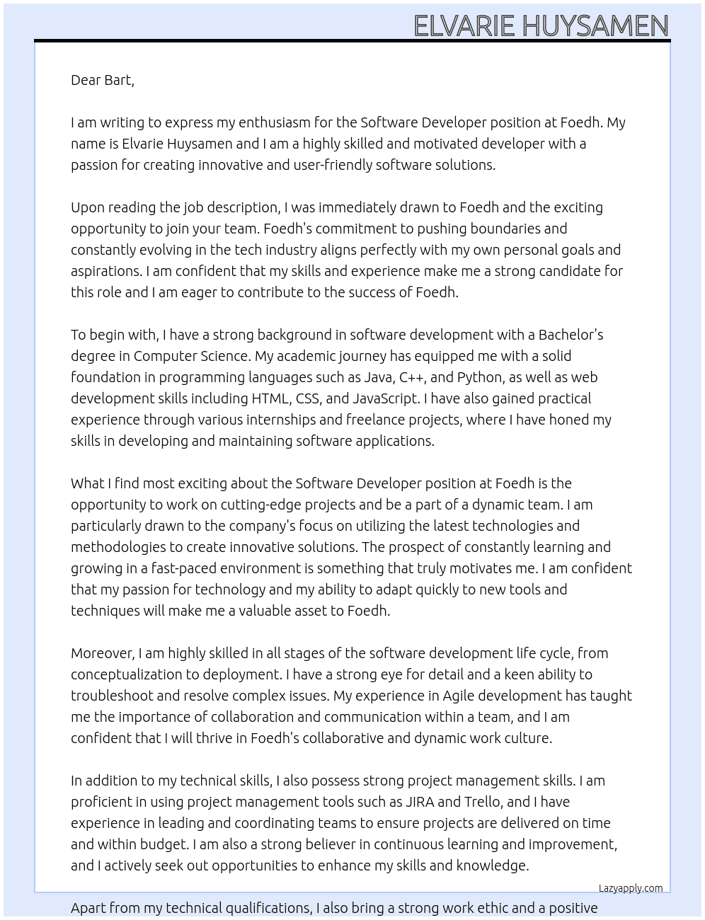 Software Developer At Foedh Cover Letter